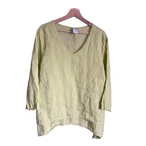 La Fixsun Size Large Yellow Linen Top Shirt Asymmetrical Hem USA Made